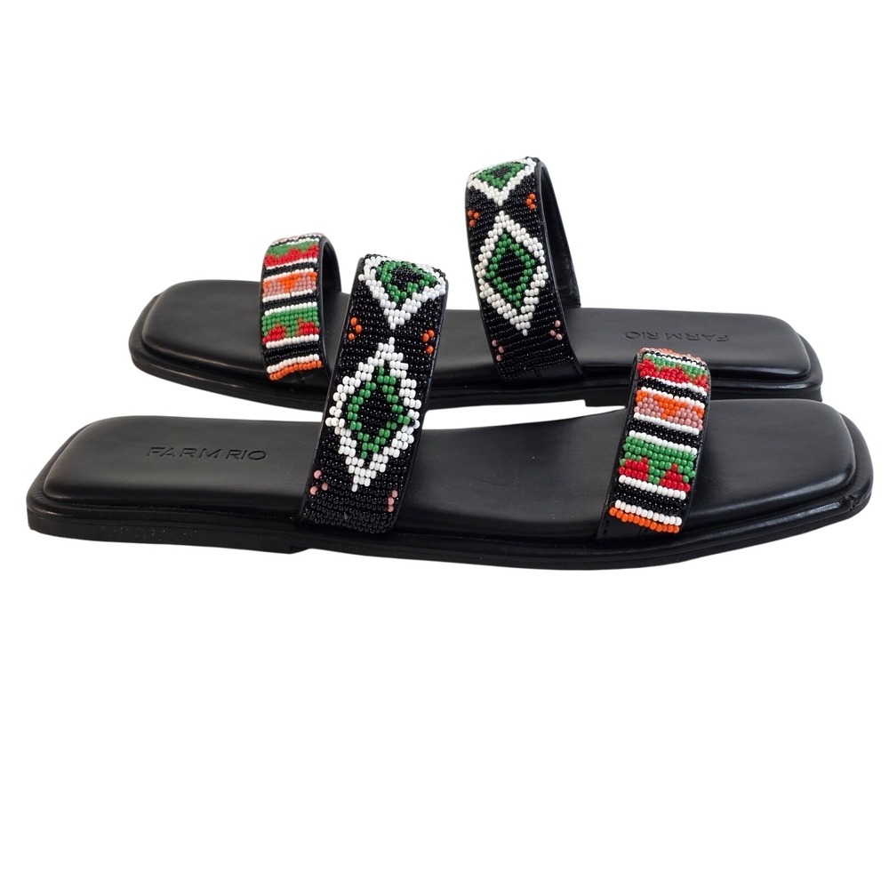 Farm‎ Rio Beaded Square Toe Slide Sandals Womens 10 Black Boho Tropical Resort